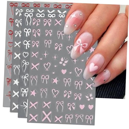 Bow Nail Art Stickers – Valentines Day Pink Heart Bow Self-Adhesive Bow&Heart