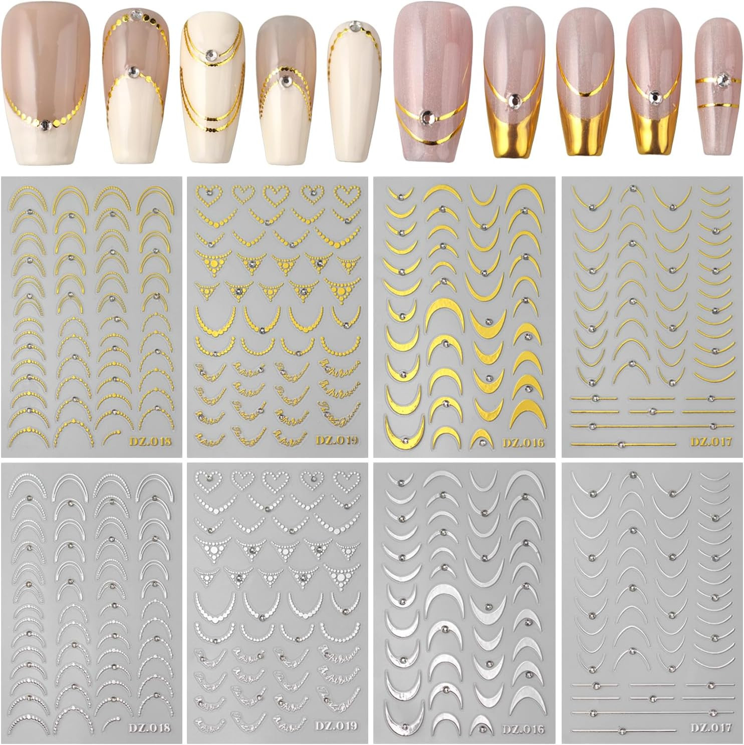 8PCS Line Nail Art Sticker Gold Silver Foil Nail Stickers Nail Art Supplies 3D M