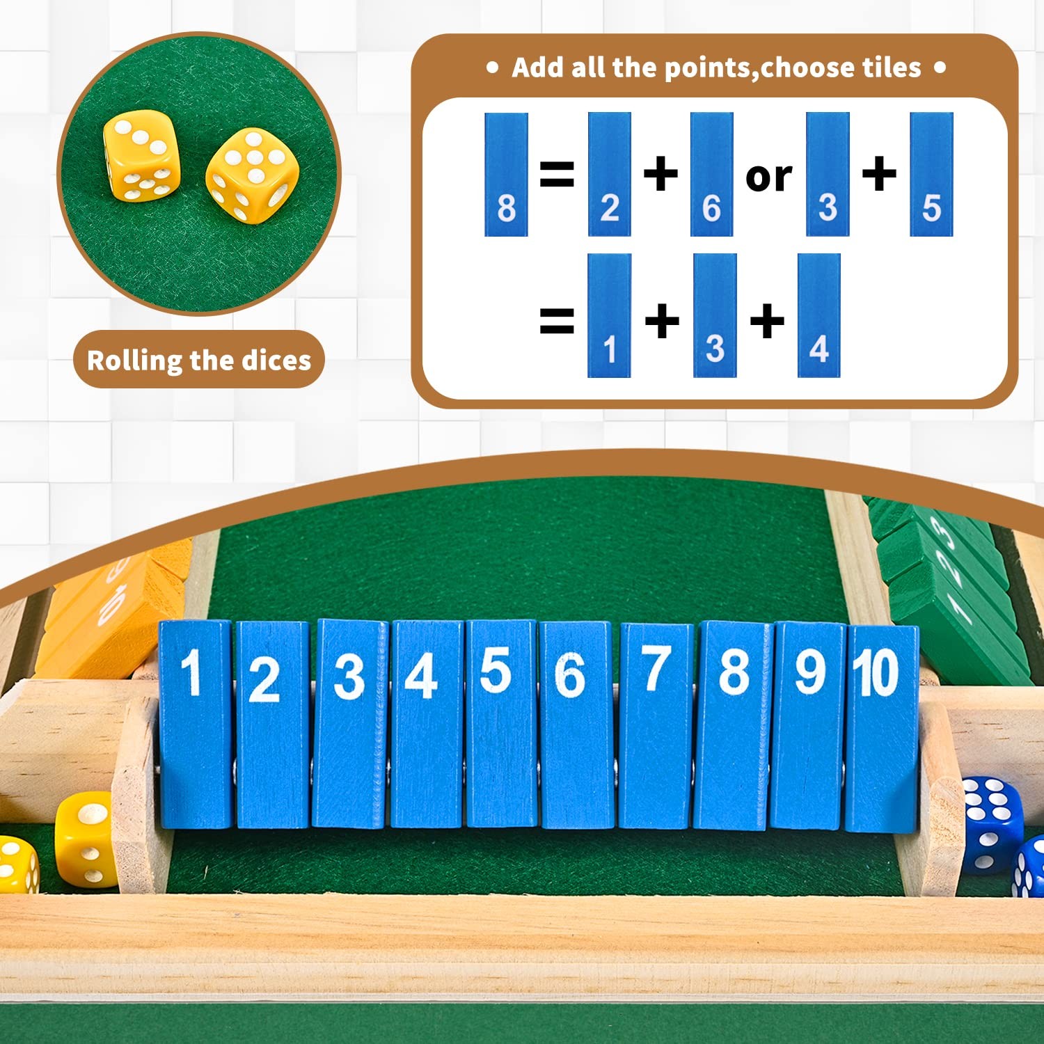 CRETVIS 1-4 Players Shut The Box Dice Game, 10 Numbers 8.7in, Multicolor