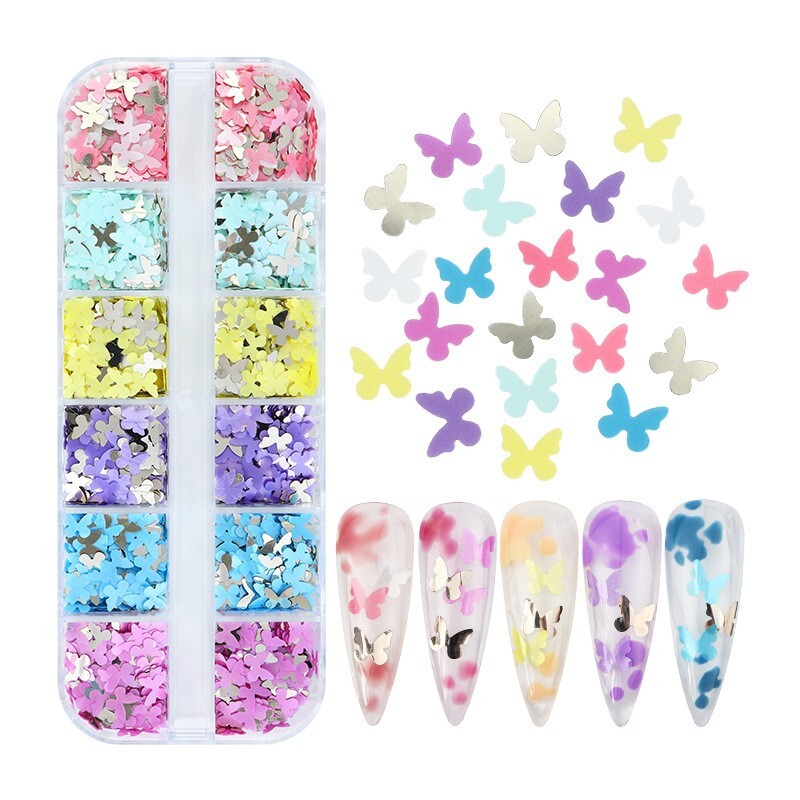 12 Grids Nail Sequins Flakes Art 3D Decoration Butterfly Accessories Glitter Set