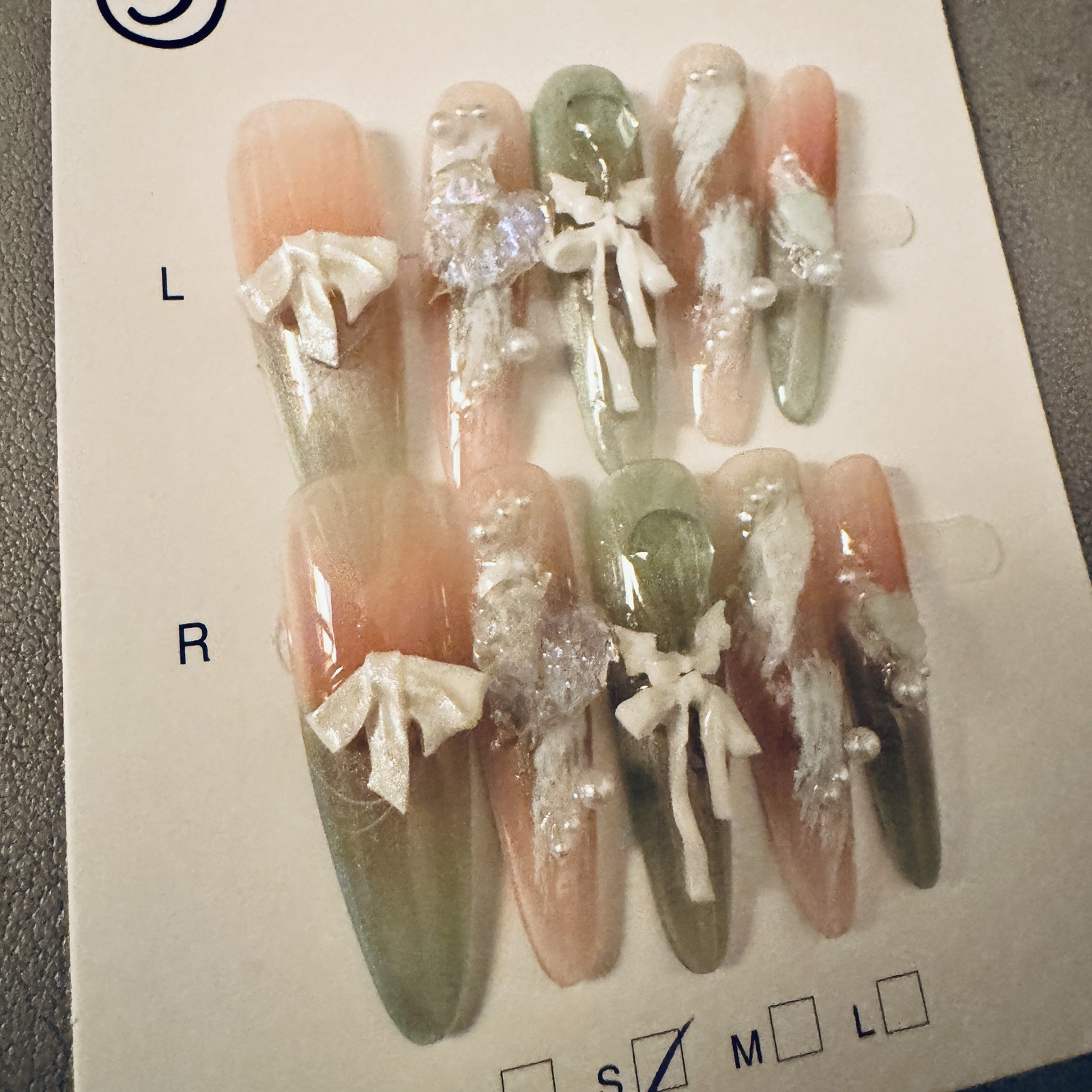Press-On Nails Long Stiletto Green/Pink/White 3D Bow Theme Full Cover Set