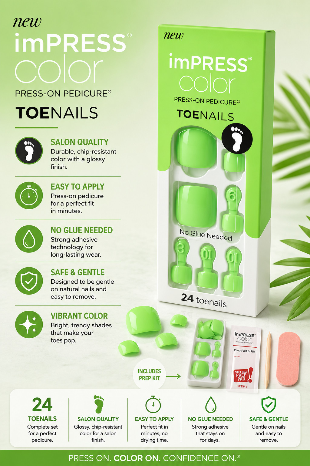 NEW Kiss Nails Impress Color Press On Pedicure Gel Solid Neon Green Toe Nails