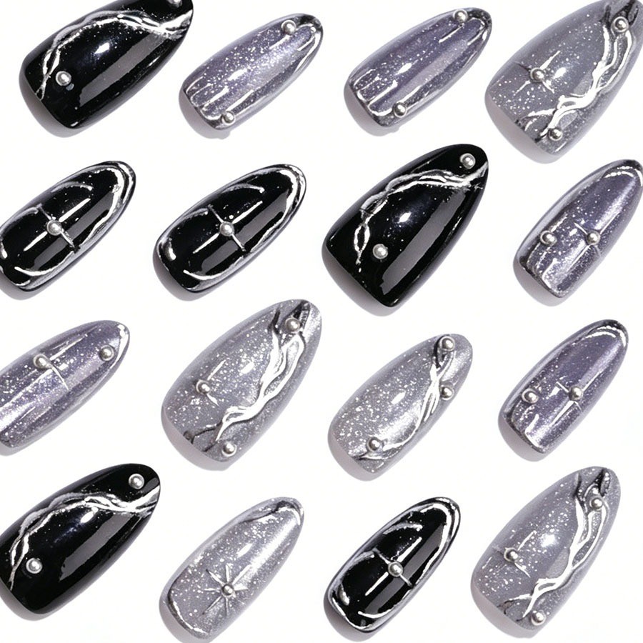60Pcs-Medium Almond Black Silver Glitter Marble Line Pearl Star Press on Nails