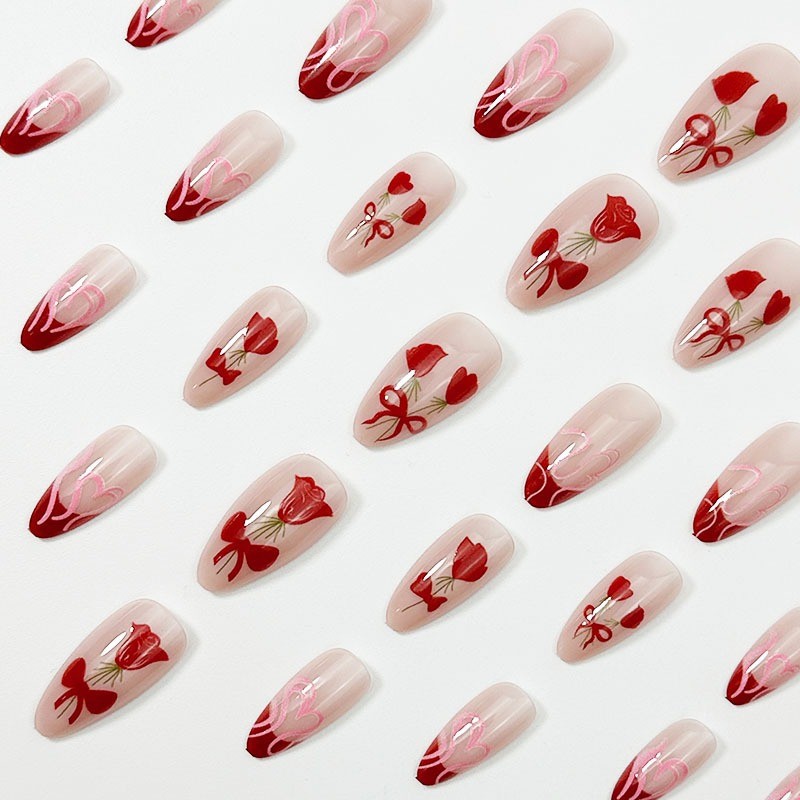 48PCS Long Almond Reusable Bare Pink Flame with Peach Heart-shaped Fake Nails
