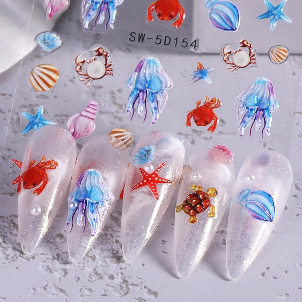 5D Embossed Ocean Nail Stickers – Summer Decals With Shell, Colorful