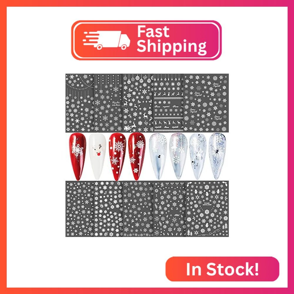 Snowflake Nail Stickers 10 Sheets Christmas Snowflake Nail Decals 3D Self-Adhesi