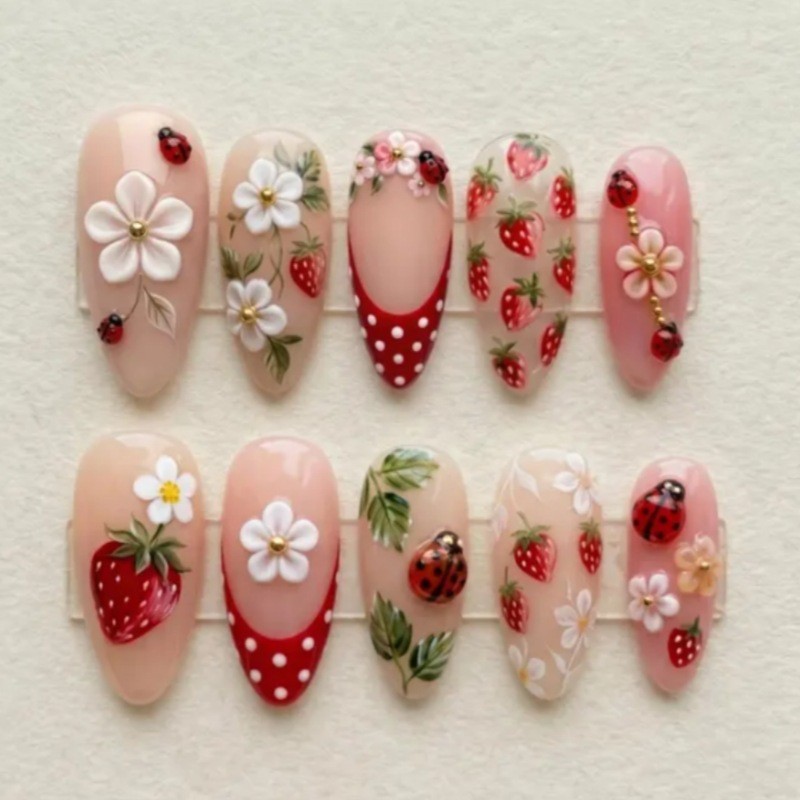 48Pcs-Long Almond Nude Hand Painted Strawberry Ladybug Flower Press on Nails