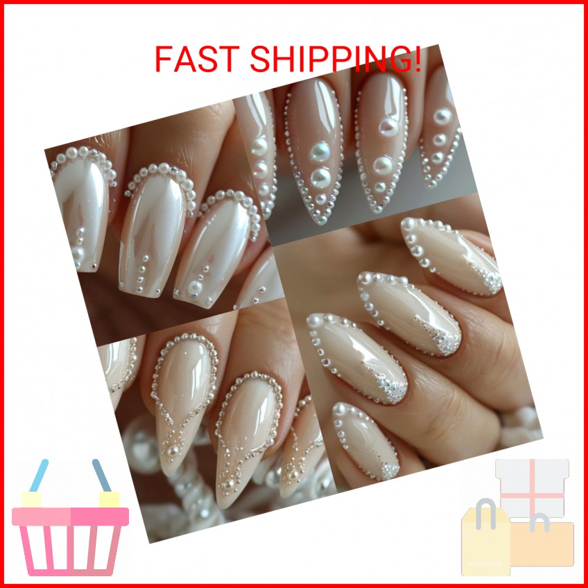 Multi Sizes Round and Half Round Pearls 3D Nail Charms, White Flatback Pearls Na