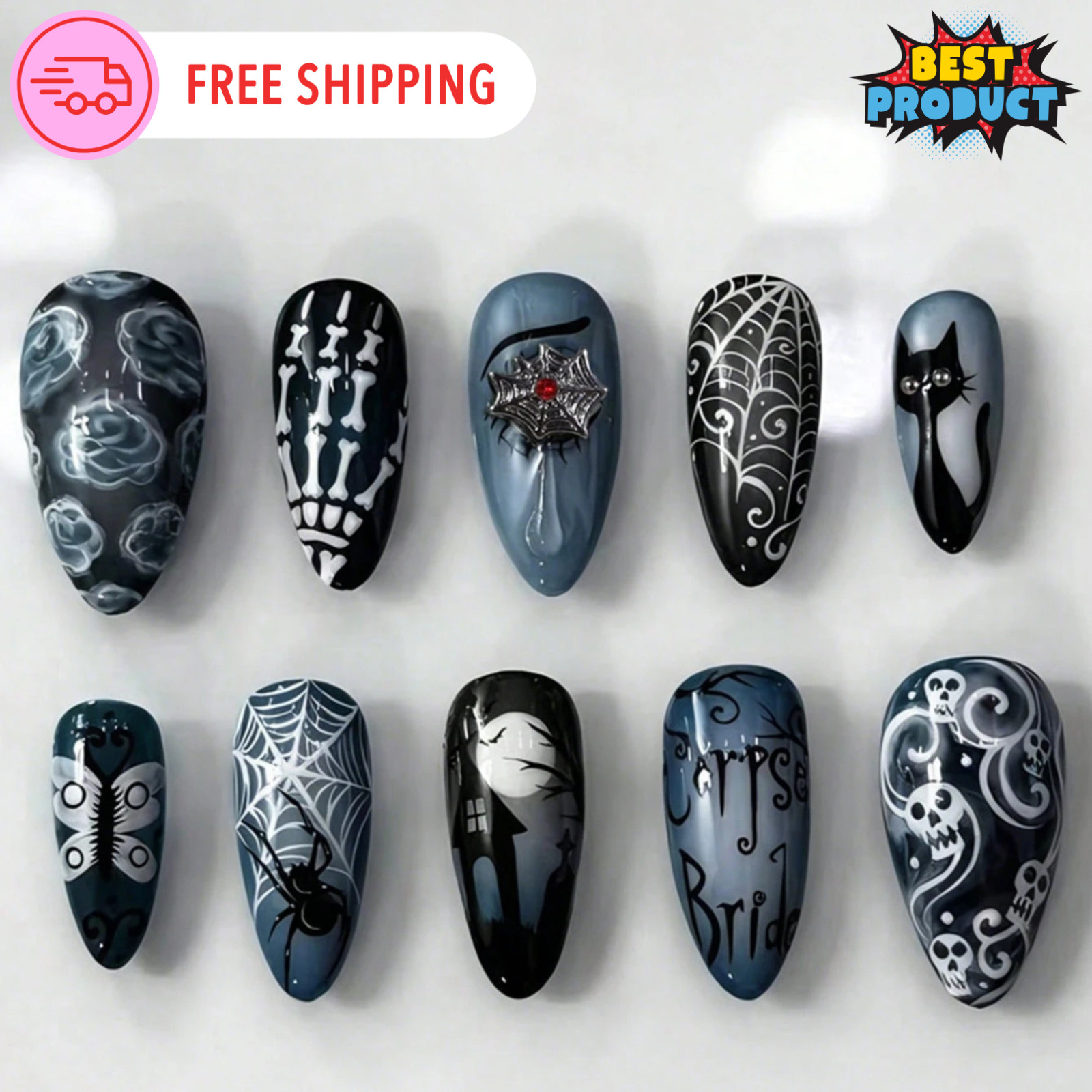 10pcs Halloween Press On Nails For Women & Girls 3D Nail Extenders Haloween Gift