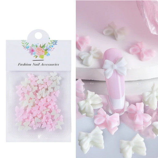50PCS/BAG PINK BOW NAIL CHARMS (PINK AND IVORY) KAWAII COQUETTE