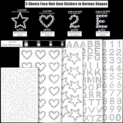 Hair Face Gems Jewels Self Adhesive Heart Numbers Letters Clear Gems(5 Sheets)