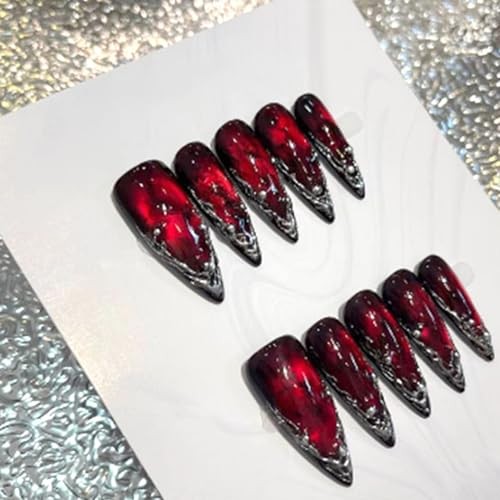 24Pcs Wine Red Press on Nails Long Pointed Wine Red Irregular Silver Style 22