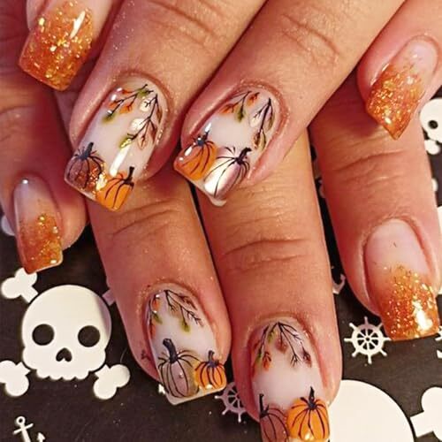 Fall Press on Nails Short Square Fake Nails Glitter Thanksgiving Nails Design-4