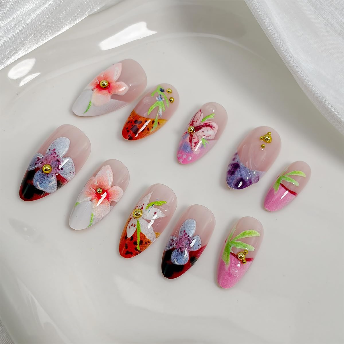 24Pcs French Tip Press on Nails Medium Almond Fake Nails 3D Colorful Flower Pres