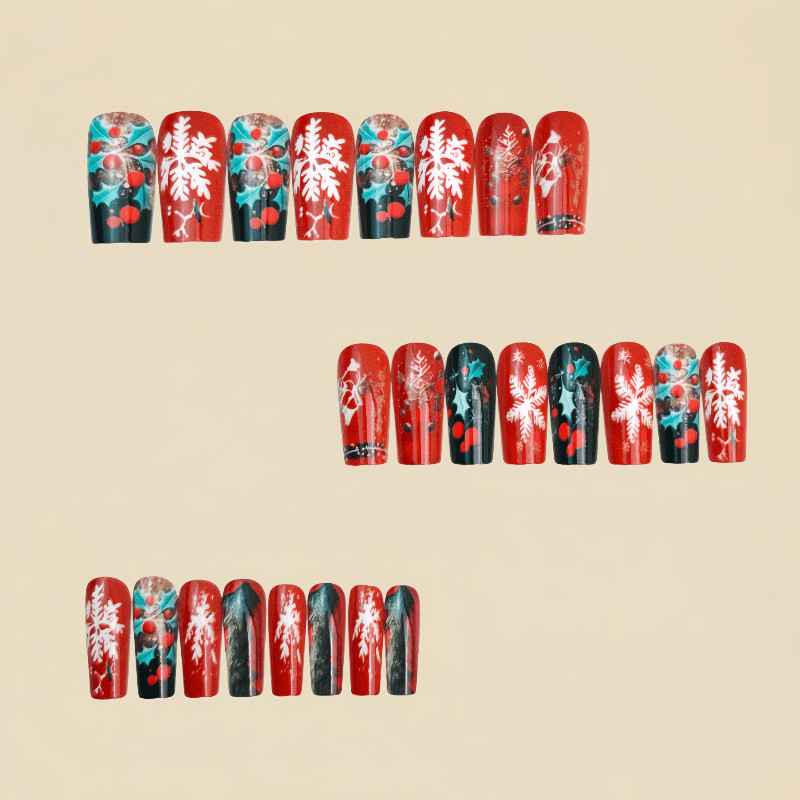 48P Long Coffin Press on Nails, Burgundy Holly Snowflake Luxury Fake Nails