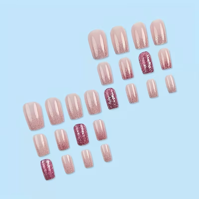 Pink Purple Gradient Glitter Reusable Short Press-On Nails Oval 24 Pieces