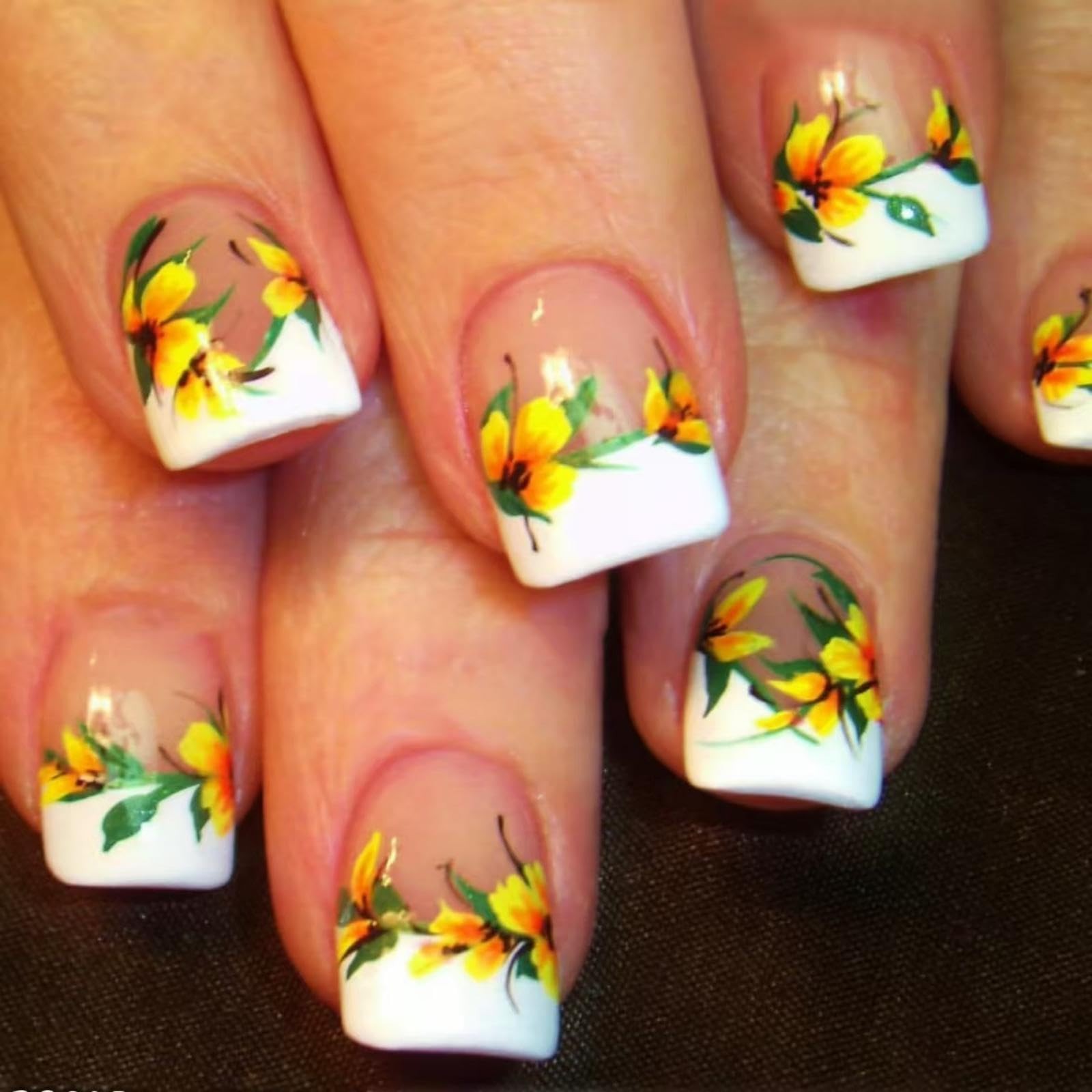 White French Tip Press on Nails Short Square False Nails – Yellow Flower Desi…