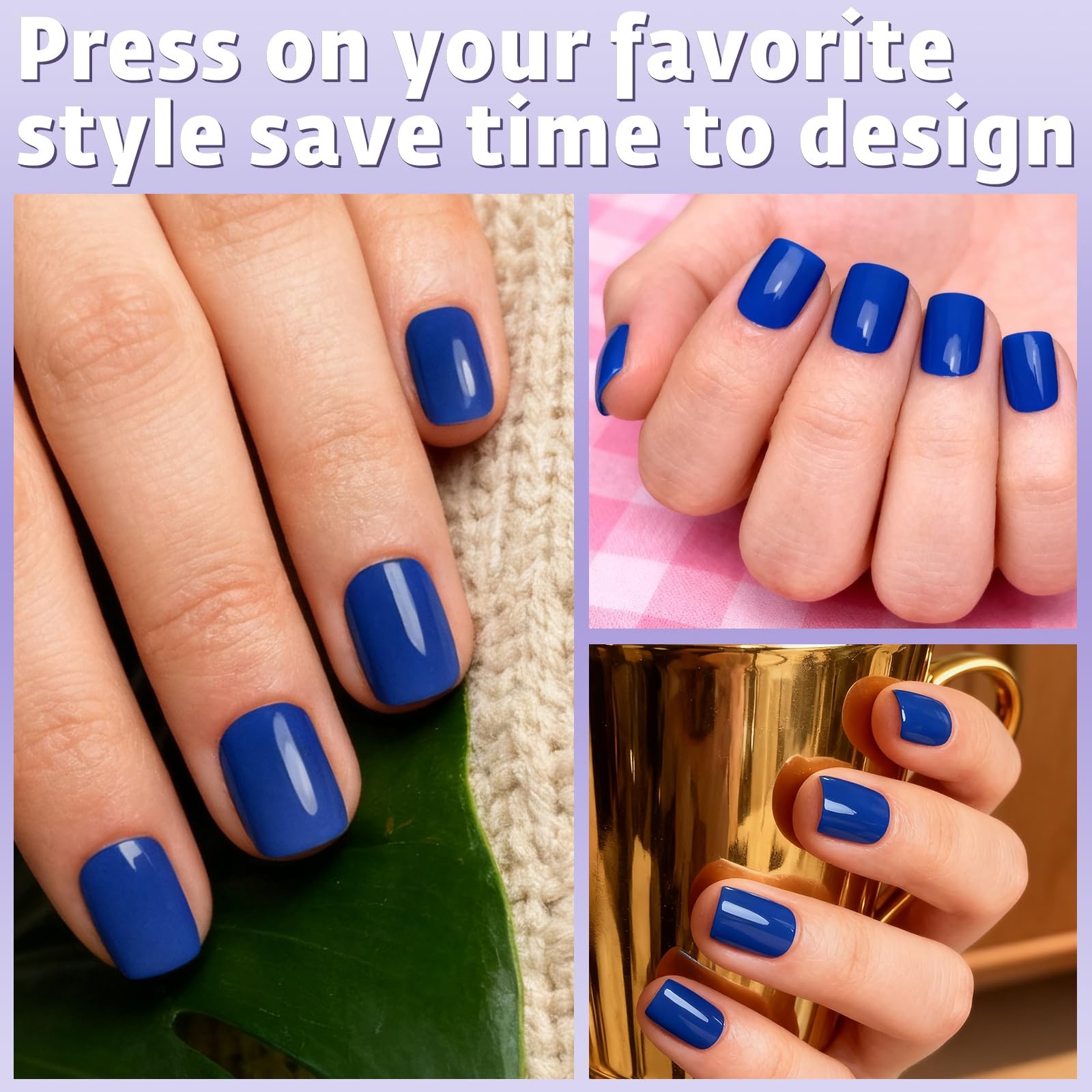 Royal Blue Press on Nails Short Square,120Pcs Glossy Royal Blue Fake Nails Fu…