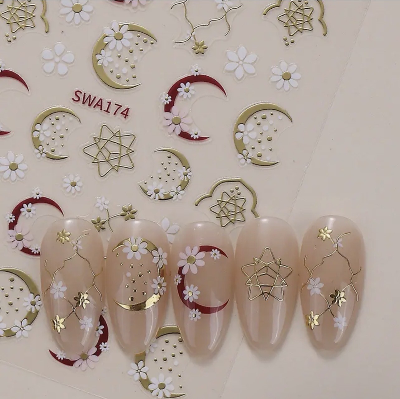 Boho Nail Art Stickers Moon Flowers Decals Celestial Nail Art DIY mani SWA174