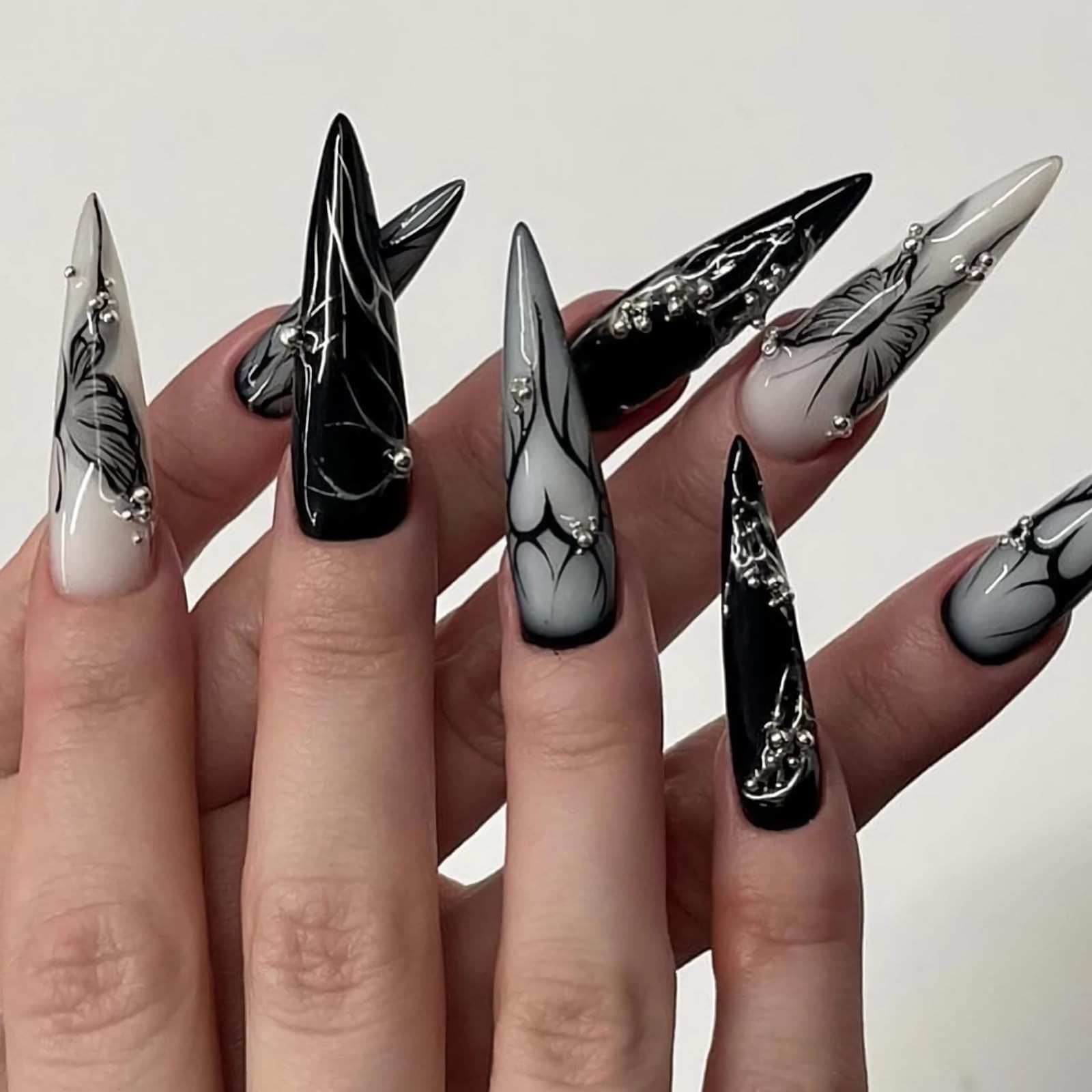 Press on Nails – Long Stiletto Glue on Nails with Goth Black, Acrylic Gothic …