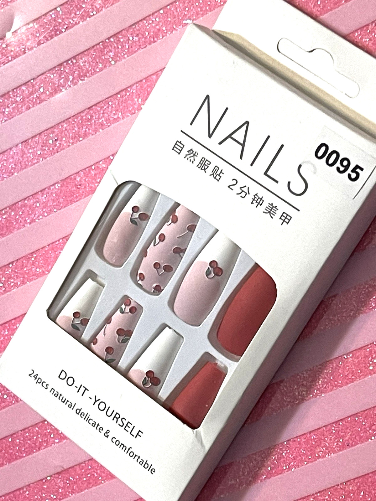 Nails Do It Yourself NUDE with WHITE FRENCH and CHERRY DETAILS Press On Manicure