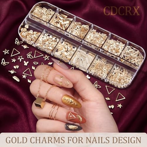 Gold Nail Charms Kit, CDCRX 8 Boxes 3D Nail Art Decorations with Gold Studs,