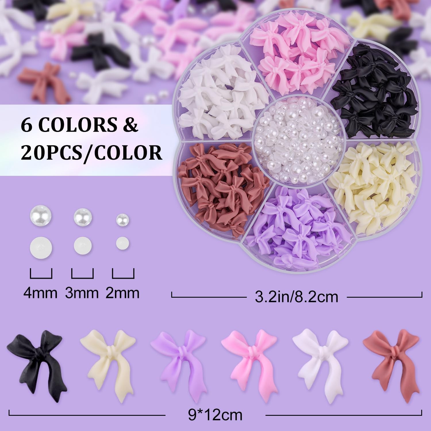 Colorful 3D Nail Bow Charms Set – 120 Pcs with Glue Gel & Pickup Tools Included