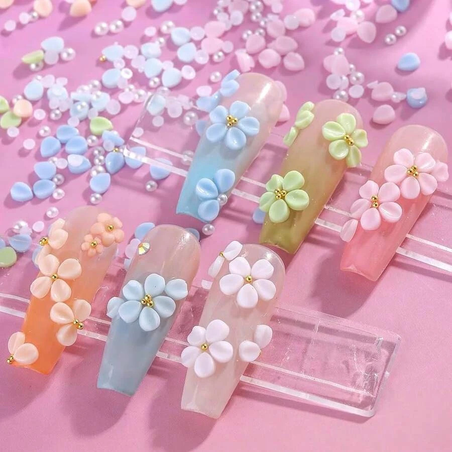 3D Flower Nail Charms Acrylic Petal Rhinestone Nail Art Decorations