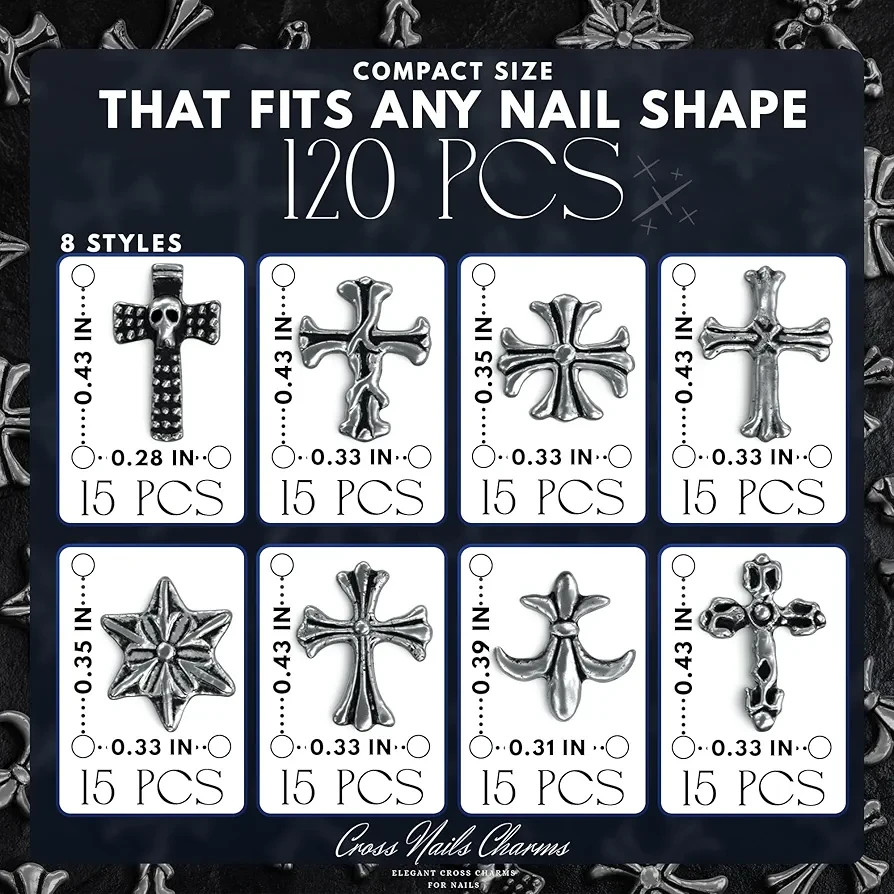120 Silver Nail Charms, 3D Acrylic Cross Gothic Acrylic Nail Art Decorations