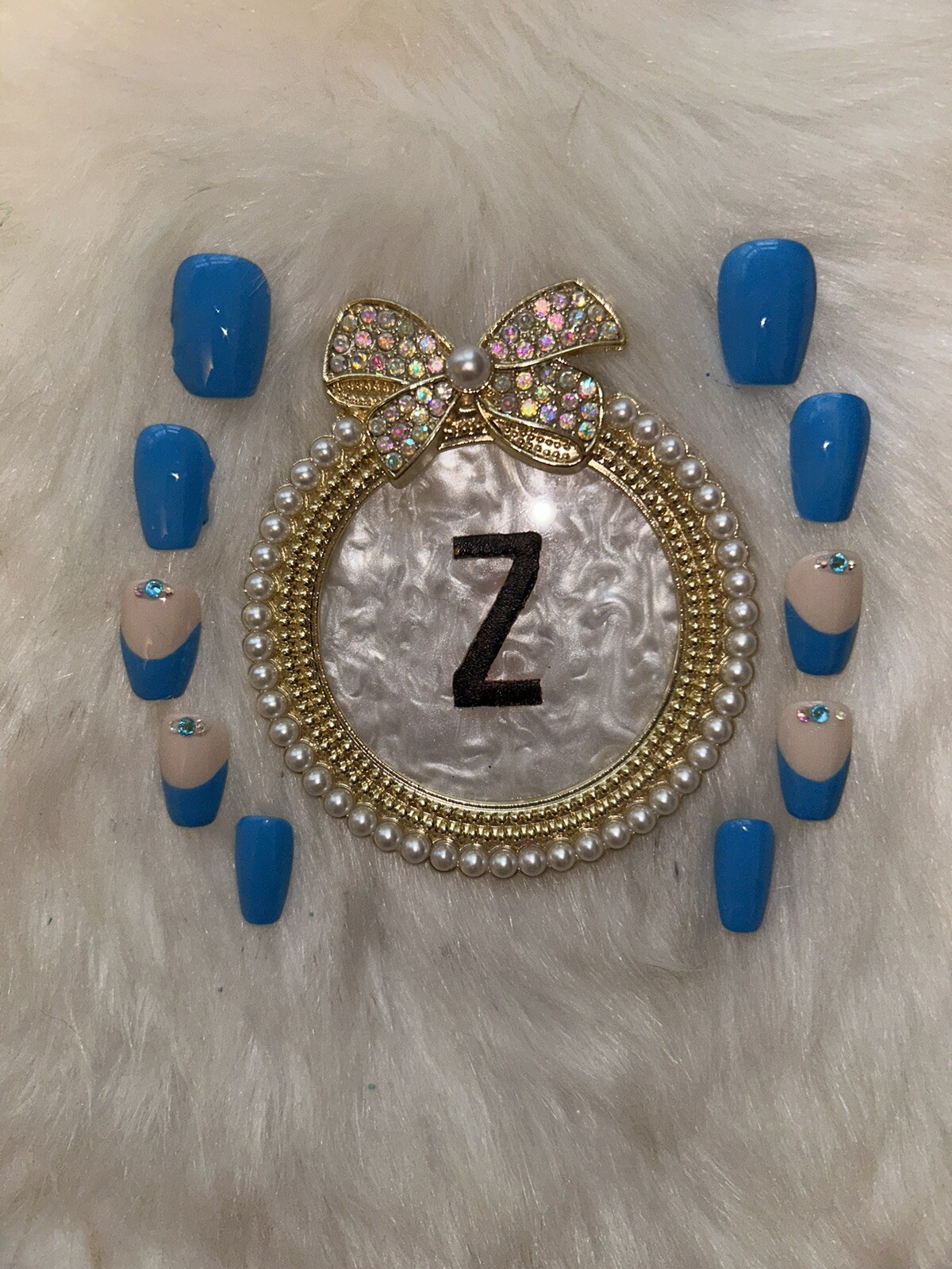 Z NAILZ! Handmade Nude/Turquoise M Coffin Shiny French Press On Nails