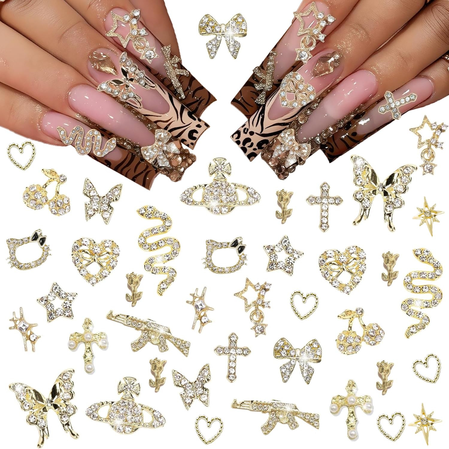40Pcs Gold Nail Charms Nail Art Rhinestone Gems 3D Sparkling Nails Jewelry for A