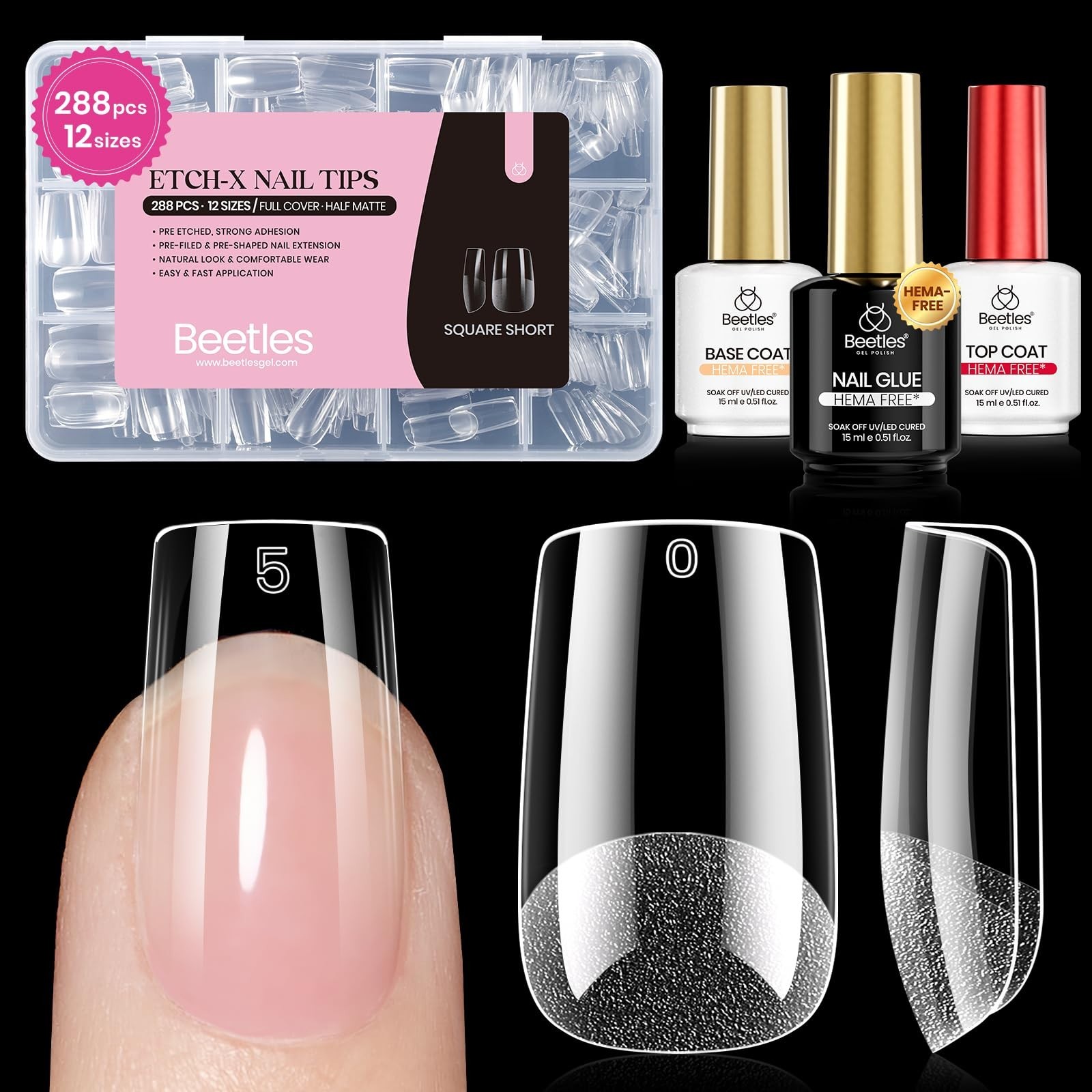 288pcs Short Square Nail Tips Kit – HEMA-Free Glue, Base & Top Coat, DIY Nail Ar