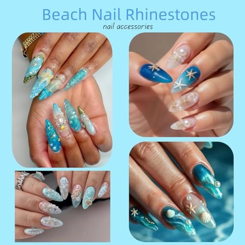 3D Summer Beach Nail Charms Resin Aurora Ocean Nail Rhinestones Shells Fishtail
