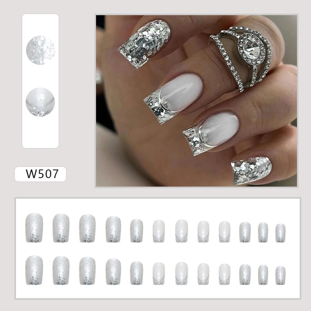 Silver Press on Nails Square Short French Tip Fake Nails with Glitter Design …