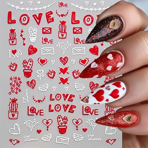 8Pcs Valentines Day Nail Art Stickers Decal Red Heart Nail Sticker 3D Self