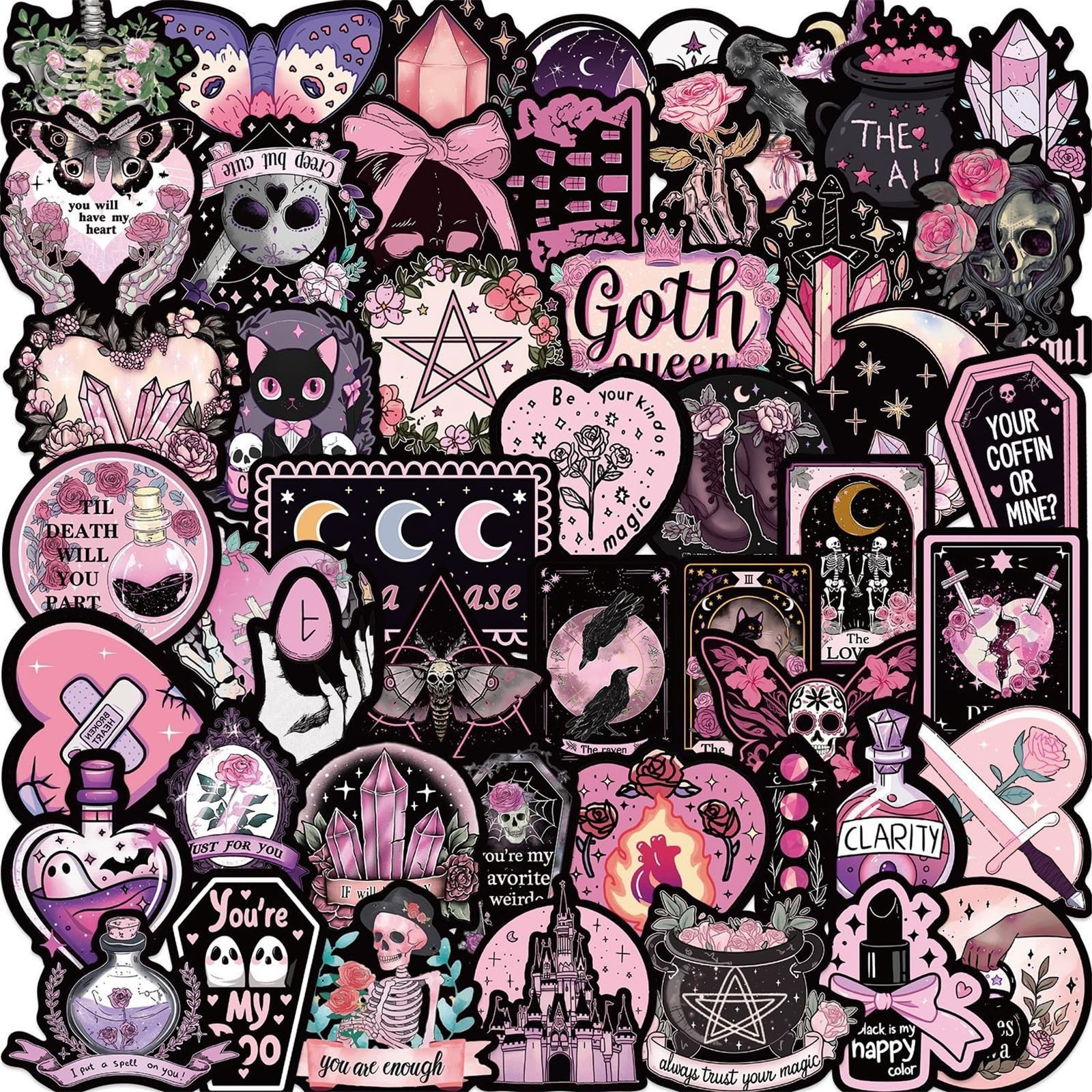50Pcs Cool Goth Sticker for Adults Black Pink Aesthetic Gothic Stickers Pack …
