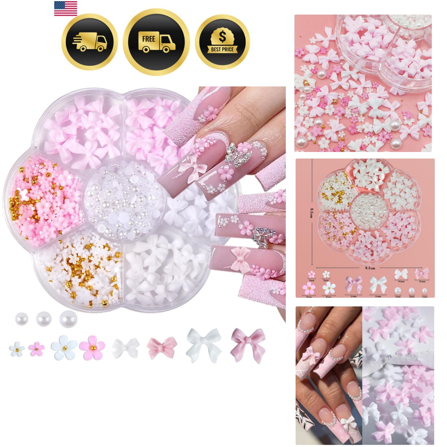 Nail Charms, Flower Bow Manicure Kit, Pink White 3D Cute Flower and Bow Nail …
