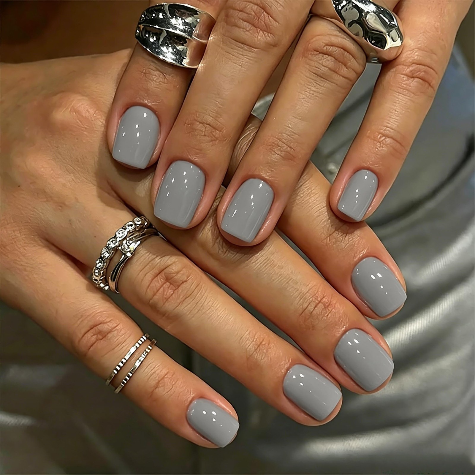 SXVME Soft Gel Press On Nails Short Square, 30 Pcs 15 Sizes Gray Short Fake N…