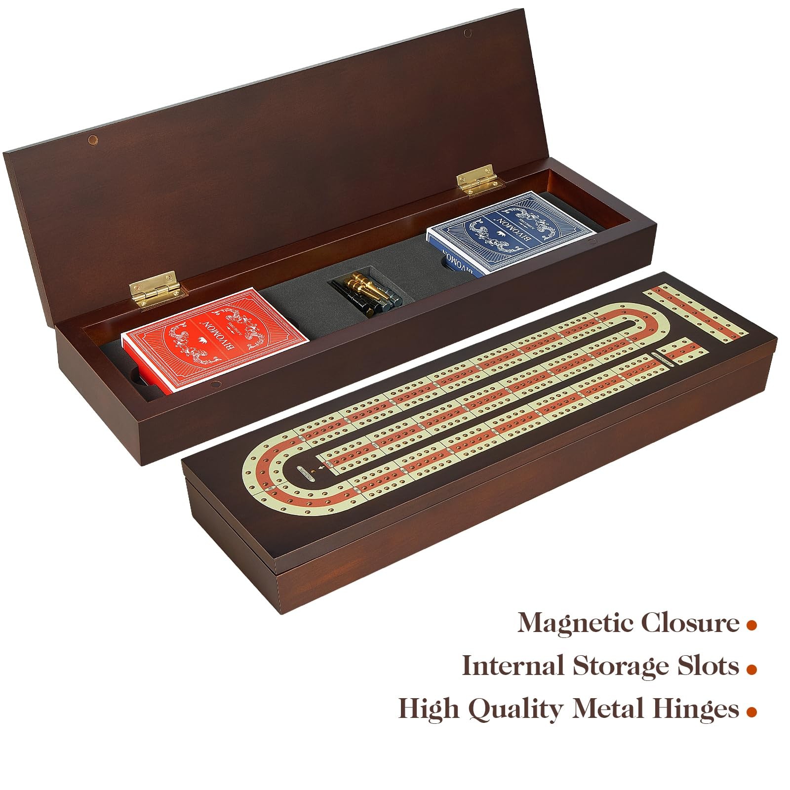 BIVOMON Cribbage Board Game Set Continuous 3 15 x 4 x 2 inches, Brown+classic