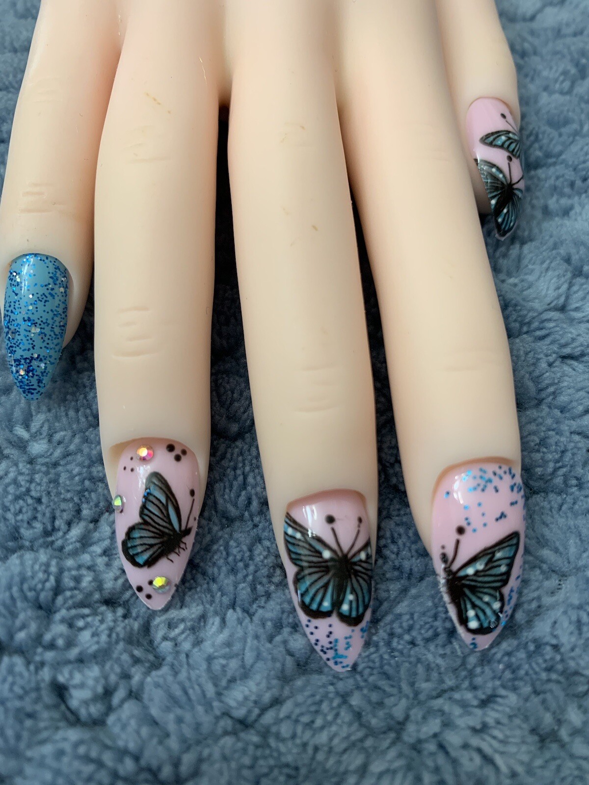 12pcs Press On Nails Stiletto Shape Glue On Pre-design Nails Butterfly Blue