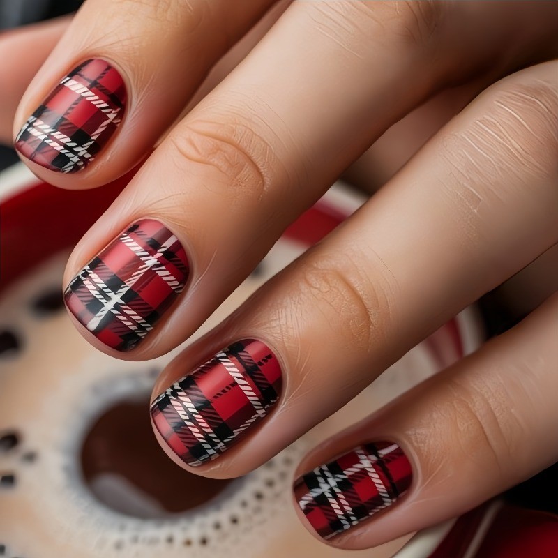48 Pcs Red Plaid Short Square Press on Nails, Vintage Preppy Nude Fake Nails