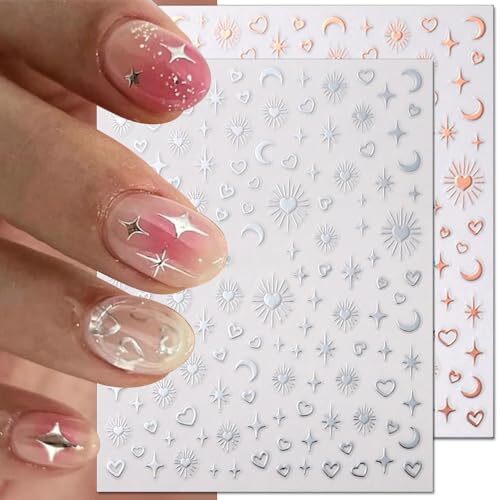 12pcs Aurora Silver Star Moon Nail Art Stickers 3D Star Nail Stickers for