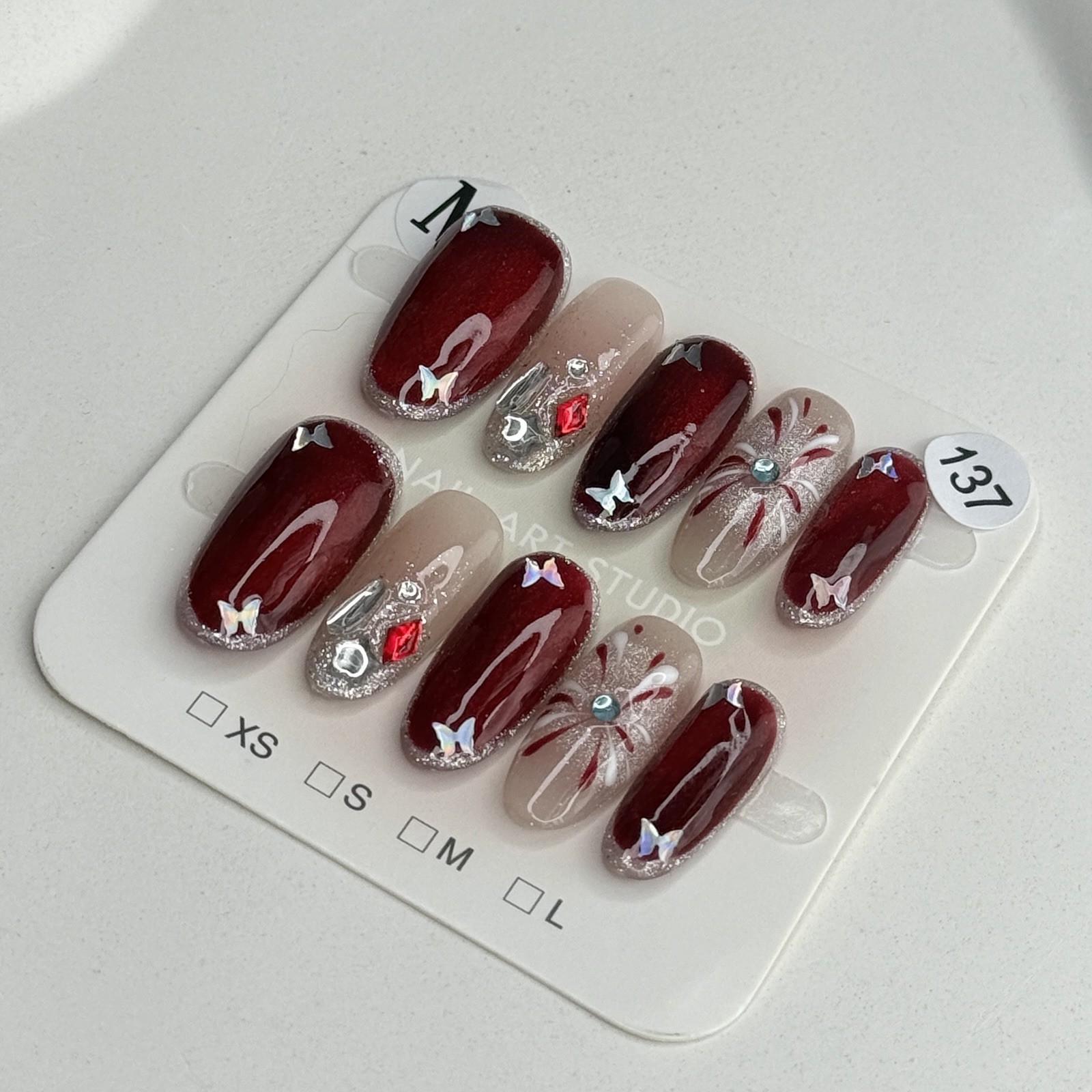 Handmade Red Fireworks Butterfly Press-On Nails Medium Oval SizeM Reusable