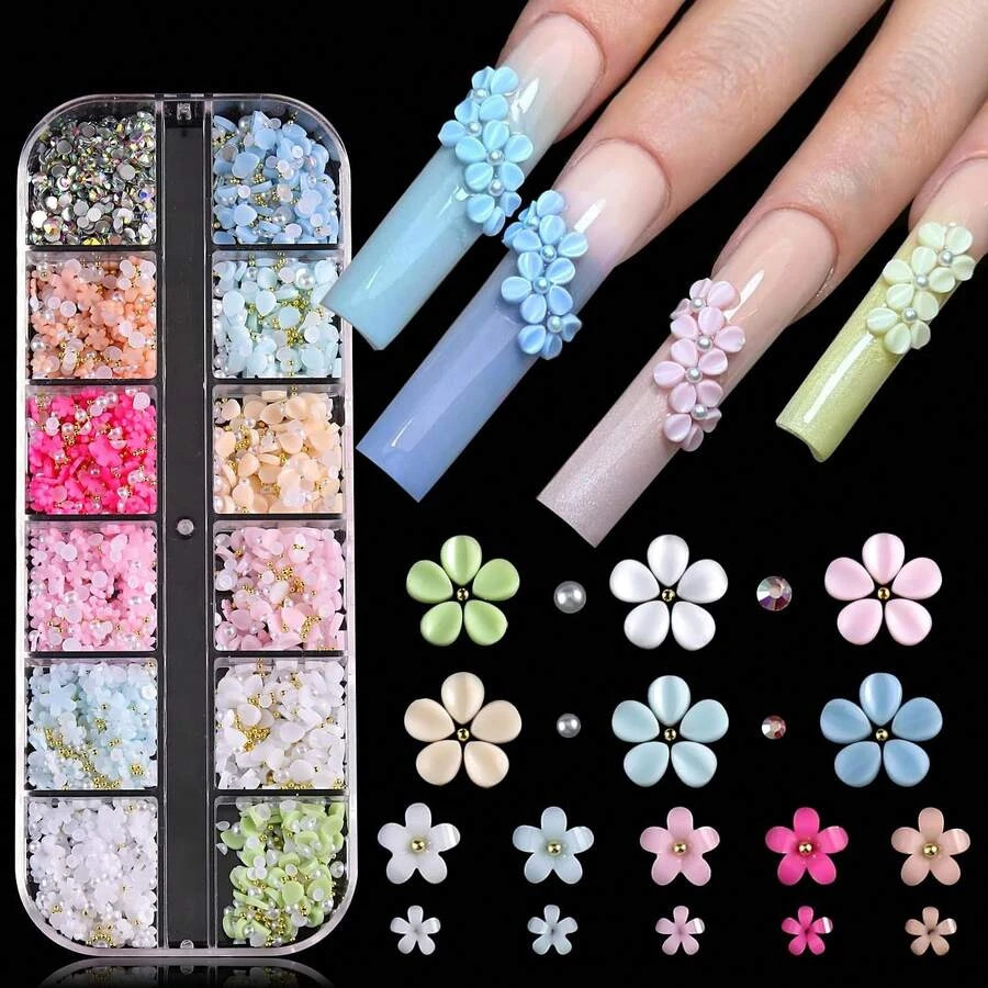 3D Flower Nail Charms Acrylic Petal Rhinestone Nail Art Decorations