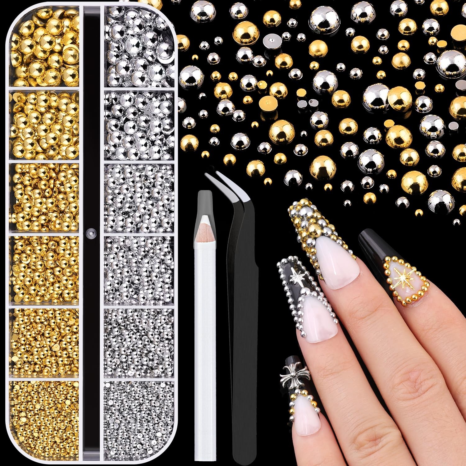 Silver and Gold Nail Charms and Gems, 1.5-5mm 04 Nail Pearls(Gold+Silver) Set 3