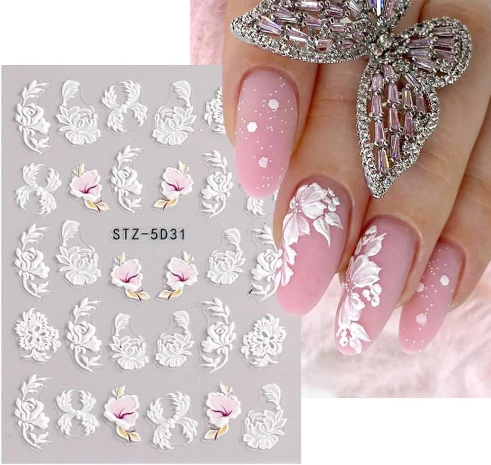 5D Flowers Nail Art Stickers – 6 Sheets Relief Flower Nail Decals Self-Adhesive
