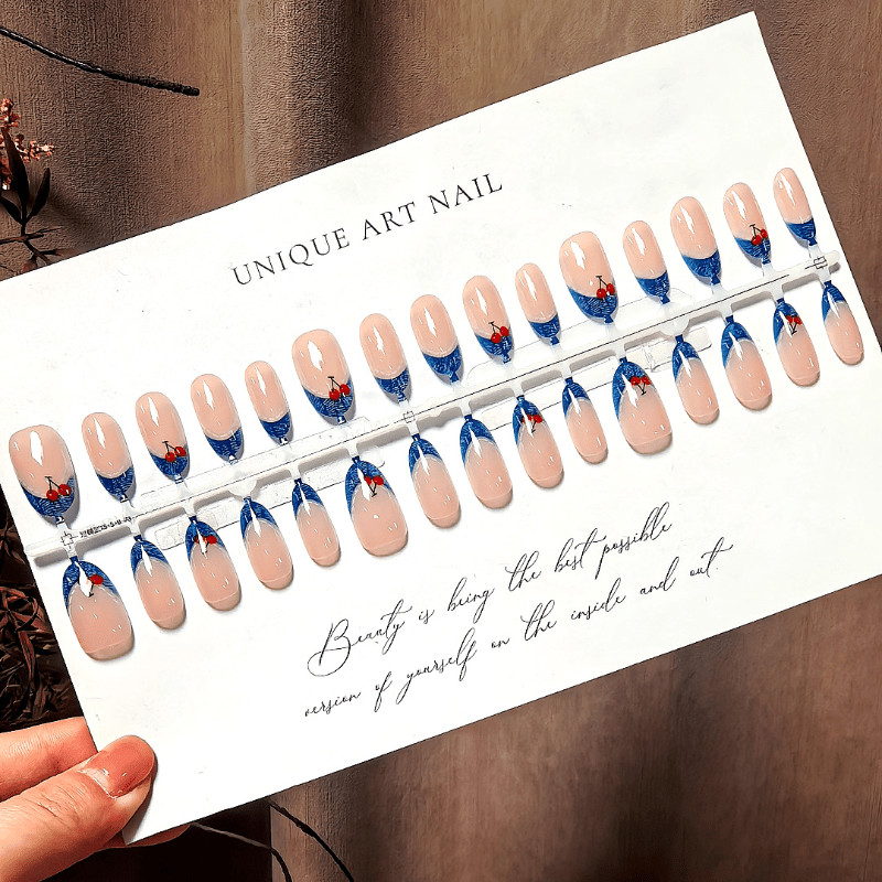 60pcs Almond Press on Nails, Denim French Tip Hand Drawn Cherry Casual Nail Art