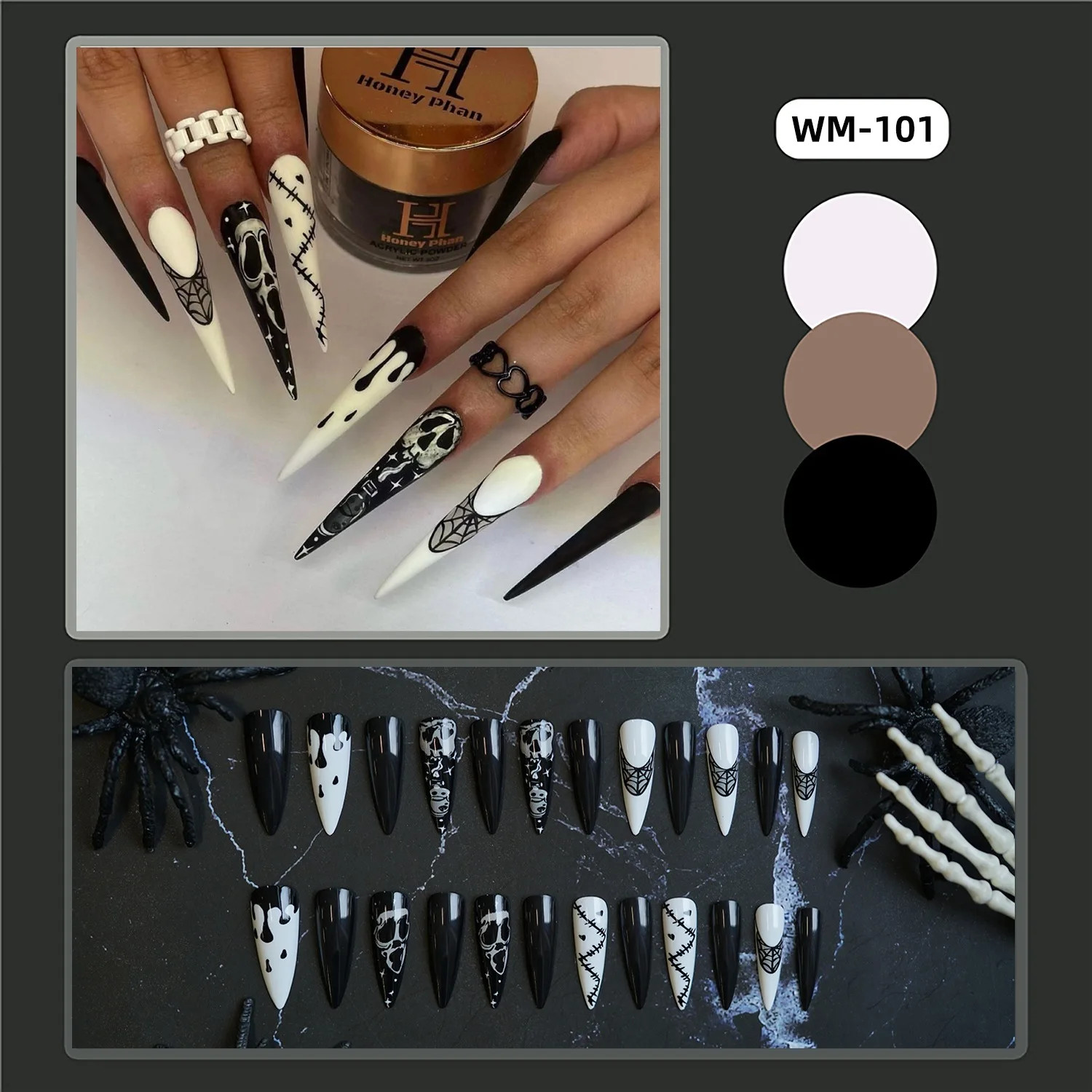 24pcs White Bones Long Pointed Patches Halloween Ghost Spider Press on Nails