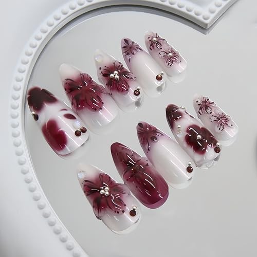 24Pcs Burgundy Gradient Flower Press on Nails Medium Almond Fake Nails gradient