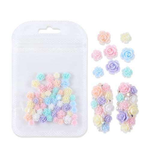 50 Pcs Flowers Nail Charms 3D Resin White Pink Blue Purple Orange Colorful